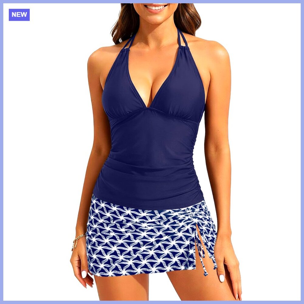 Halter Tankini Top with Skirt Bottom Tummy Control Swimsuit
